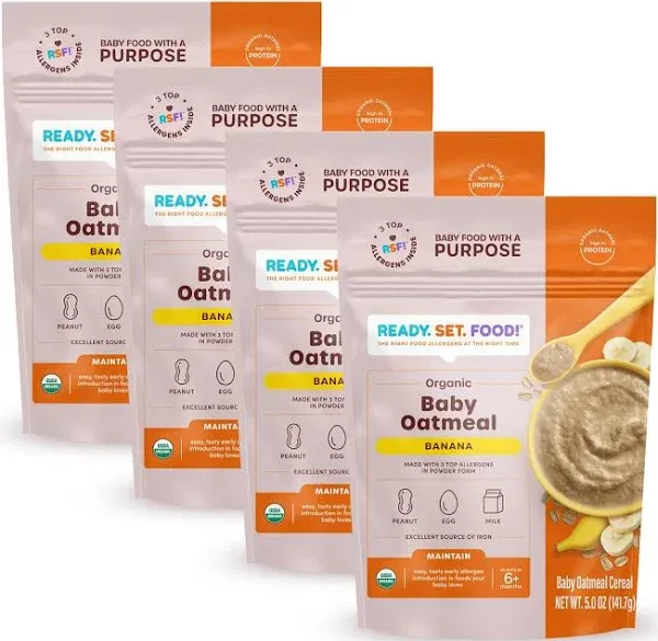 Ready Set Food Organic Baby Oatmeal Cereal – Safe & Easy Early Allergen Exposure for Babies 6+ Months, Organic Baby Food with 3 Top Allergens: Organic Peanuts, Egg, and Milk (Banana, 4-Pack)