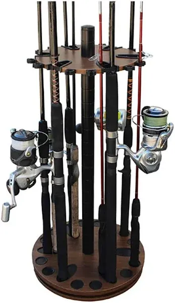 Rush Creek Creations 24 Fishing Rod Steel Post Spinning Round Rod Rack - Dark Walnut