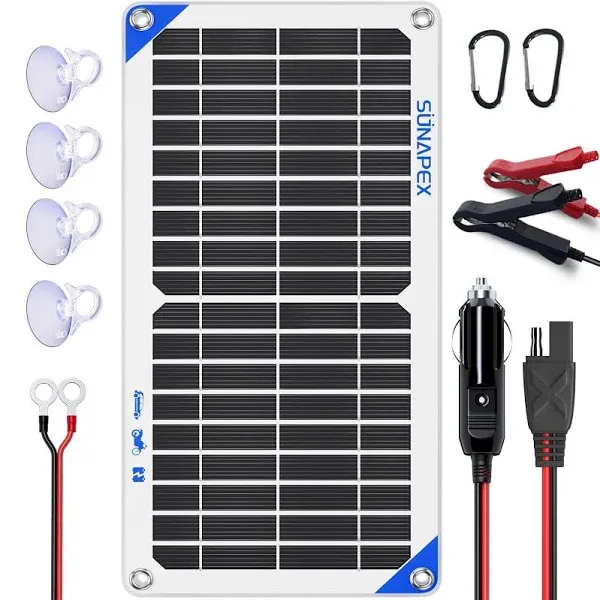 SUNAPEX Solar Battery Charger Maintainer, 10W 12V Portable Waterproof Solar Panel Trickle Charger with Built-in Charge Controller, Cig Plug, Alligator Clips, O-Rings for Car, Truck,Tractor, Boat, etc