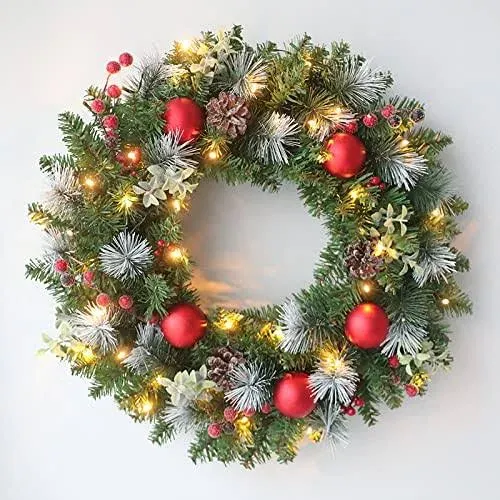 Pre-Lit Christmas Wreath with Lights Artificial Christmas Wreath Decorated wi...