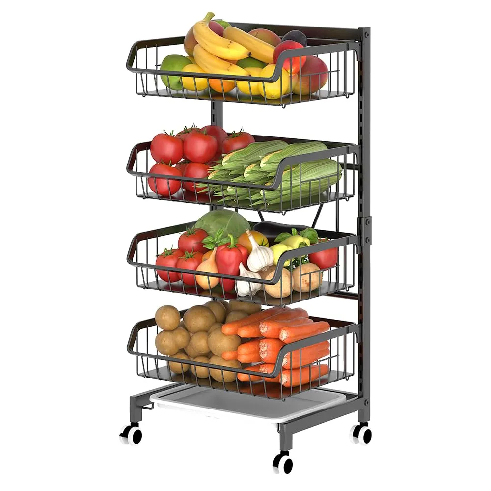 Snack Cart with Wheels 4-Tier Adjustable Fruit Rack Fruit Vegetable Basket Ca...