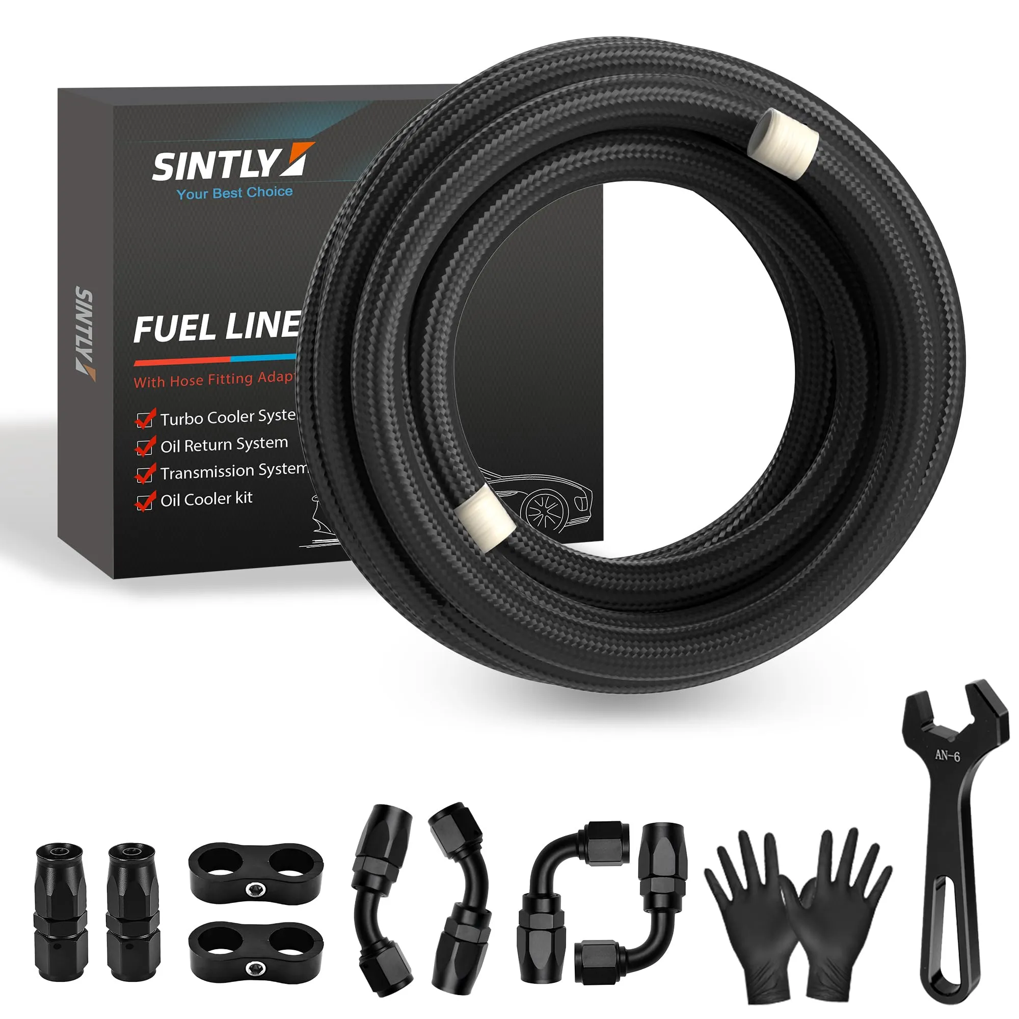 6AN Nylon Braided Fuel Line Oil/Gas/Fuel Hose Line End Fittings Kit 10ft Black