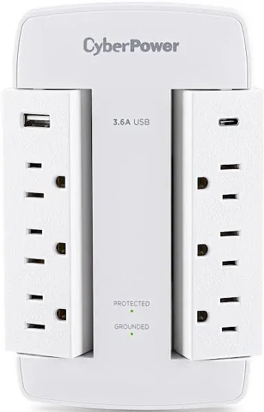 CyberPower CSP600WSURC5 Professional Surge Protector, 900J/125V, 6 Swivel Outlets, 1 USB-C Charge Port, Wall Tap Design, White