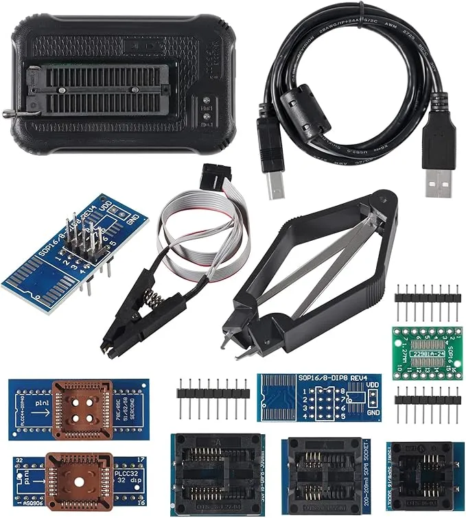 T48 TL866-3G Programmer Support 31000+ ICS for EPROM/MCU/SPI/Nor/NAND Flash/EMMC/IC Tester/ TL866CS TL866II Plus Replacement with 9 Adapter(T48 Programmer Host+ 9 Adapter)