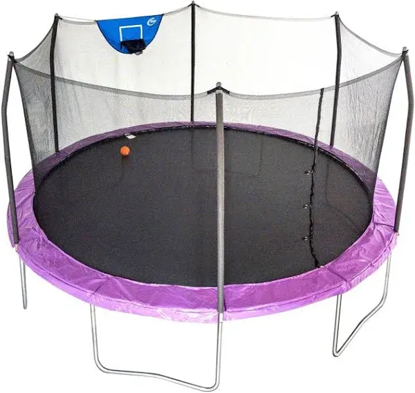 12ft round outdoor trampoline for kids with enclosure net, basketball hoop.