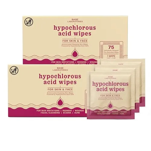 BASE LABORATORIES Hypochlorous Acid Wipes | Saline Solution and HOCl Infused Wound Cleaning Wipes for Skin & Face | Cleanses, Sanitizes & Soothes Skin Irritations, Piercings, Acne & Eczema | 150 Wipes