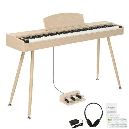 Ktaxon 88 Key Keyboard Piano Weighted Action Electronic Keyboard, Digital Piano with 3-Pedal Unit, Removable Music Stand, Stereo Headphone, Light Brown