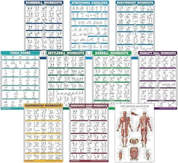 10 Pack - Exercise Workout Poster Set - Dumbbells, Suspension, Kettlebells