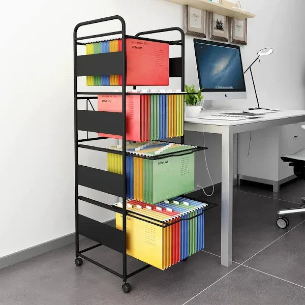 PUNCIA 4 Tiers Metal Rolling File Carts with Wheels Hanging Files for Letter Size Movable Pull-Out File Folder Rack Drawer File Cabinet for Home Office