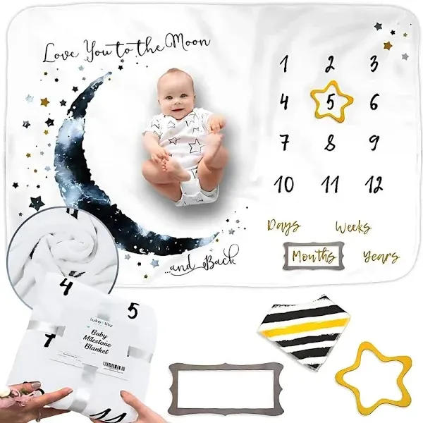 Luka&Lily Month Milestone Blanket- 60"x40" for Baby Boys - First Year Calendar Monthly Growth Chart, Moon - Shower Gifts