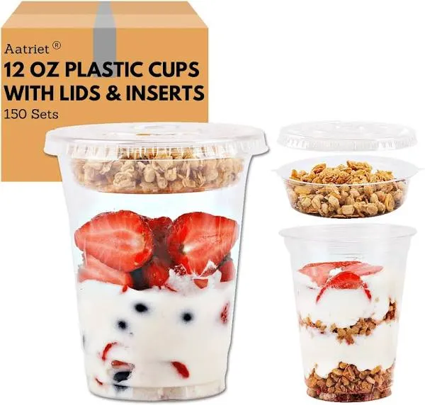 [150 SETS] 12 oz Clear Plastic Parfait Cups with Insert 3.25oz & Flat Lids No Hole, Yogurt Fruit Parfait Cups for Kids, for Dips and Veggies, Take Away Breakfast and Snacks. No Leaking