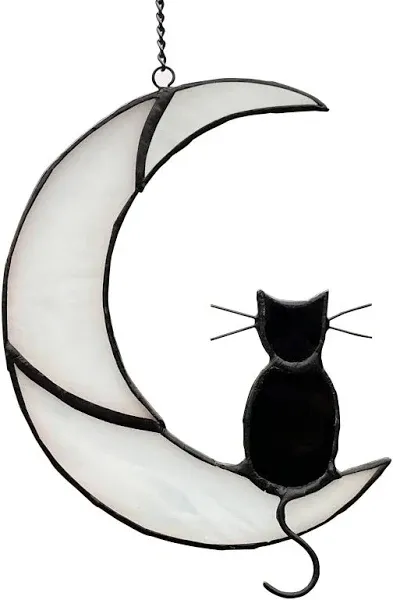 Surrme Black Cat On White Moon Stained Glass Window Hangings Ornament,Cat Memorial Gifts ,Gift for Mom ,Friends 6.3"×4.7" (White)