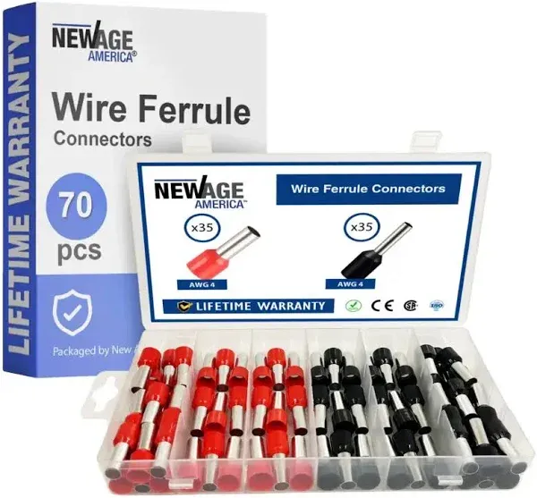 New Age America® 70pcs Wire Ferrule Terminal Connector | AWG 4 Ferrules | Copper & Nylon | Black & Red | Insulated Cord Pin End Terminal | Ferrule Crimp Connectors | Wire Connectors | Assortment Case