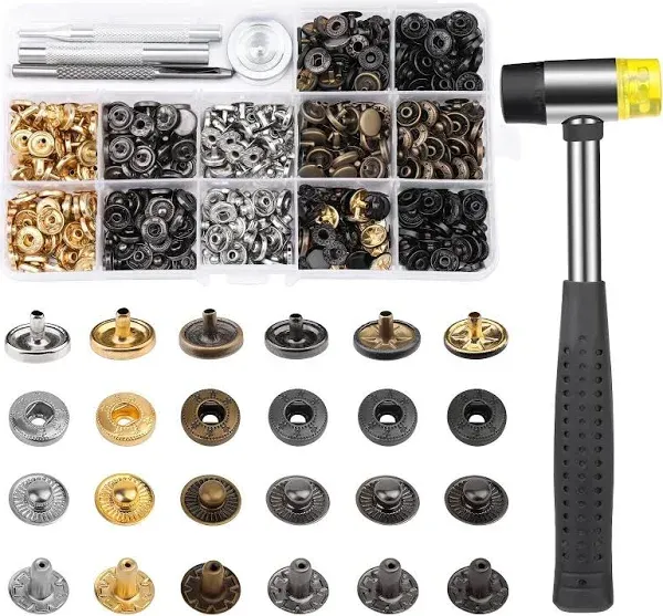 TLKKUE 120 Sets Leather Snap Fasteners Kit, Snap Buttons with Rubber Hammer, 10mm Metal Snap Buttons Press Studs with 4 Setting Tools, 6 Color Leather Snaps for Clothes, Jackets, Jeans Wears, Bags