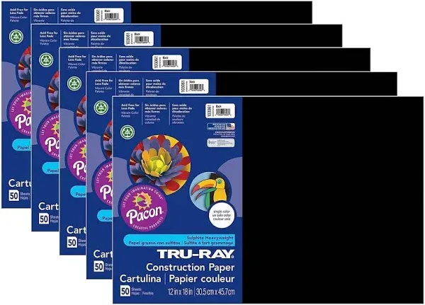 Tru-Ray Construction Paper, Black, 12" x 18", 50 Sheets per Pack, 5 Packs