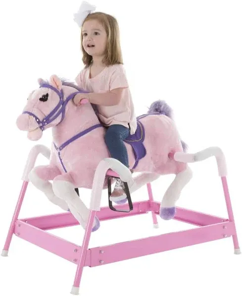 Spring Rocking Horse Plush Ride on Toy with Adjustable Foot Stirrups and Sounds for Toddlers to 5 Years Old by Happy Trails - Pink, Large