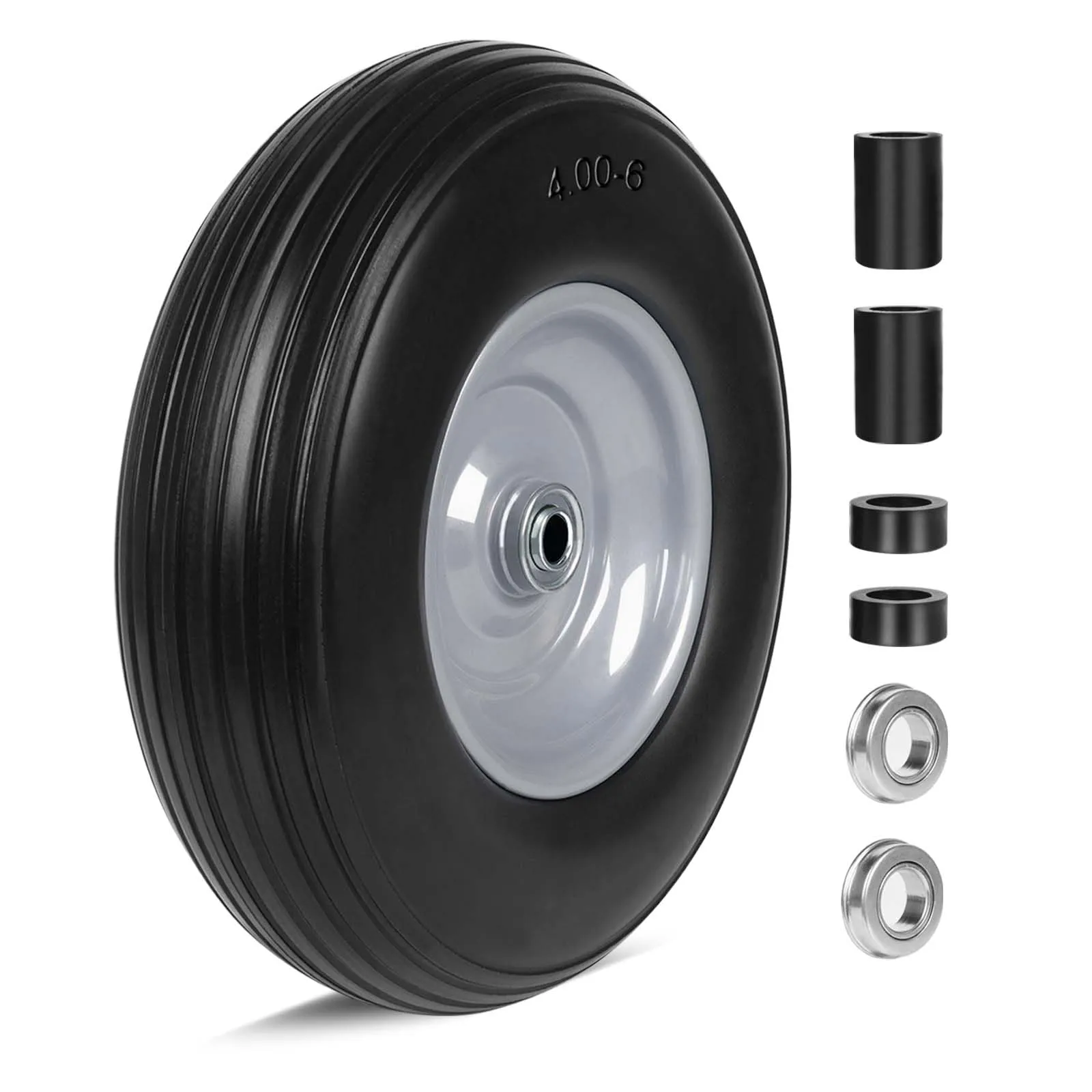 4.00-6 Tire Flat Free, 13 Inch Wheelbarrow Solid Tire and Wheel Replacement with 3/4" & 5/8" Precision Bearings, 4.00-6 Tire for Garden Cart, Lawn Mover, Wagons, Hand Truck