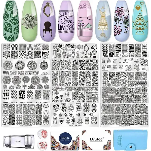 Nail Stamping Plates Set 15 pcs Nail Art Stamper Scraper Storage Bag Gift Box...