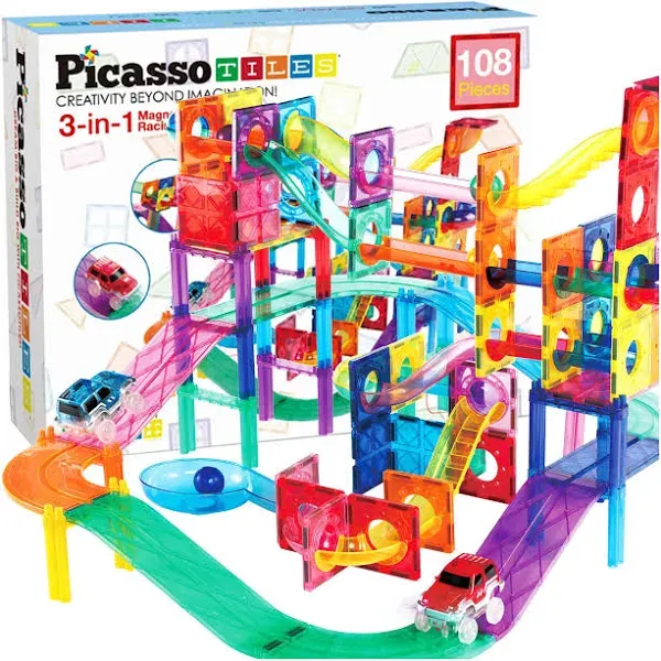 PicassoTiles 2-in-1 Magnetic Marble Run Set & Racing Track Set