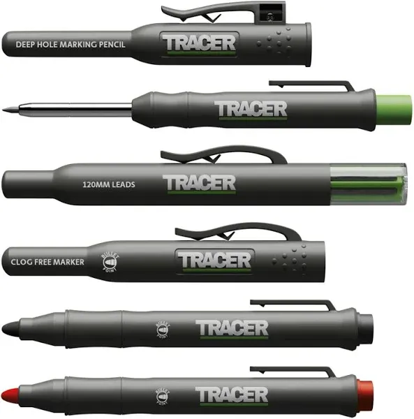 Tracer Marking Kit - Deep Hole Pencil, ALH1 Lead set and 2 Clog Free Markers with Holsters. Construction pencil & Marker set