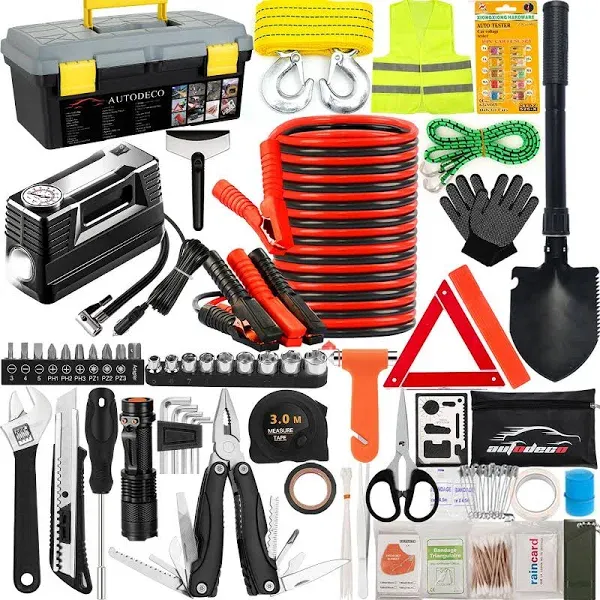 AUTODECO 98 PCS Roadside Car Emergency Assistance Kit with Portable Air Compressor Jumper Cables Safety Hammer All in One Pliers Tool Set（Black）