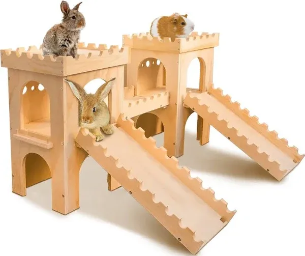 NICERINC Pet Extra Large Wooden Rabbit Castle Hideaway Tunnel and Bed Small Animal Hideaway Hut Solid Safe Construction Play Hideaway Hut for Rabbit