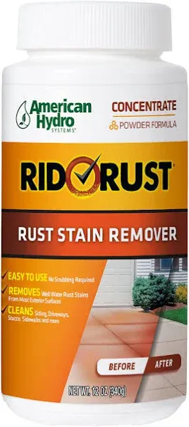 Rid-O-Rust Outdoor Rust Stain Remover, Concentrated Powder Formula, Removes Rust Stains, Calcium, and Limescale, 12 Ounces