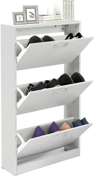 Shoe Cabinet for Entryway, White Narrow Shoe Storage Cabinet Flip Down Shoe Rack Wood 3 Tier Shoe Organizer for Home and Apartment