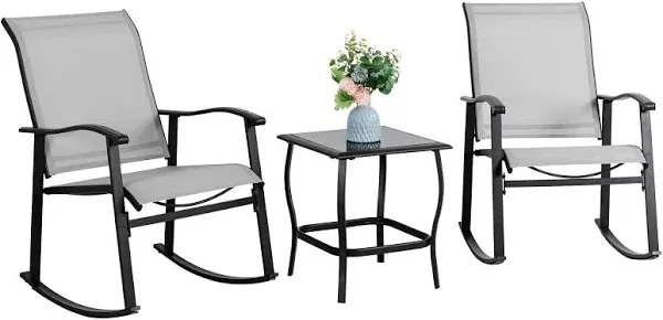 Vongrasig 3 Piece Outdoor Rocking Bistro Set, Textilene Fabric Light Gray