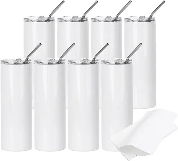 8 Pack Sublimation Tumblers Blanks 20 OZ Skinny White Straight Stainless Steel