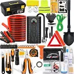 AUTODECO 98 Pcs Roadside Car Emergency Assistance Kit with Portable Air Compressor Jumper Cables Safety Hammer All in One Pliers Tool setOrange