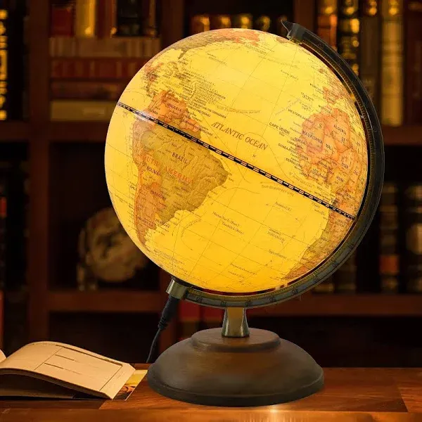 Illuminated Globe of the World with Wooden Stand, 8&#039;&#039; Vintage World Globe Built 