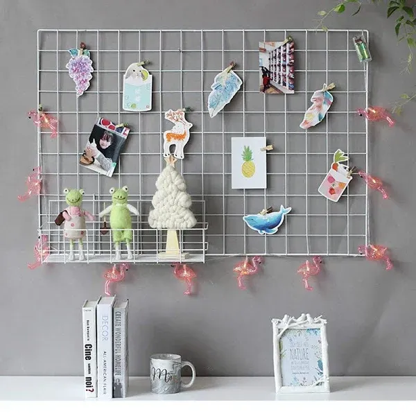 2 Pack Wire Wall Grid Panels Photo Board with Lights Clips Wall Organizer