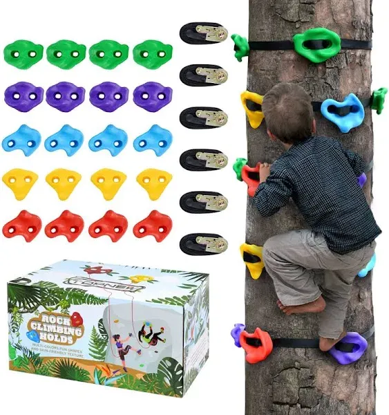 TOPNEW 20 Ninja Tree Climbing Holds for Kids Climber, Adult Climbing Rocks with 6 Ratchet Straps for Outdoor Ninja Warrior Obstacle Course Training