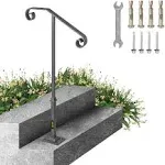 VEVOR Handrails for Outdoor Steps, Fit 1 or 2 Steps Outdoor Stair Railing, Single Post Wrought Iron Handrail, Gray Transitional