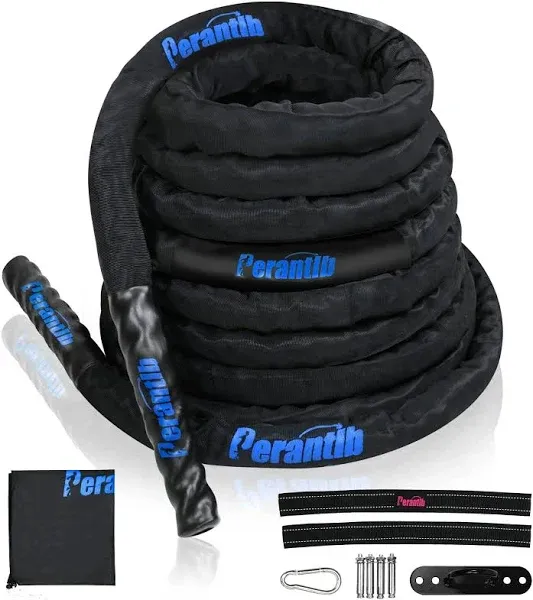 Perantlb Battle rope with wear-resistant nylon protective sleeve ，Heavy Battle Rope for Strength Training Home Fitness Exercise Rope， Anchor Strap Kit Included