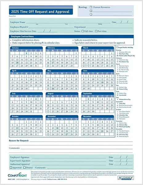 ComplyRight 2024 Time Off Request and Approval Calendar Pack of 50 (a0037)