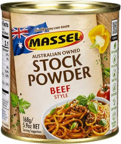 Massel Beef Style Bouillon Powder, Gluten Free, Low Fodmap Stock, Fat Free, MSG Free, Dairy Free, Non GMO, 0g Trans Fat, Soup Base Seasoning For Ramen, Soup, Stew, No Animal Content, 1 Can, 168g