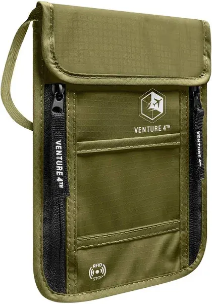 Venture 4th Neck Pouch Travel Wallet - RFID Blocking Passport Holder - Green