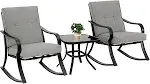 Oakmont Outdoor Furniture 3 Piece Conversation Bistro Set Rocking Chairs and Glass Top Table, Thick Cushions, Black Steel (Grey)