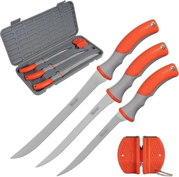 Wild Fish 5-Piece Fish Fillet Set for Filleting and Boning, 9 Inch, 7 1/2 Inch, and 6 Inch Fillet Knifes with Sharpener and Case