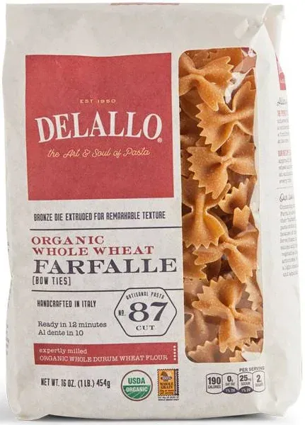 Delallo Organic Whole Wheat Farfalle Pasta