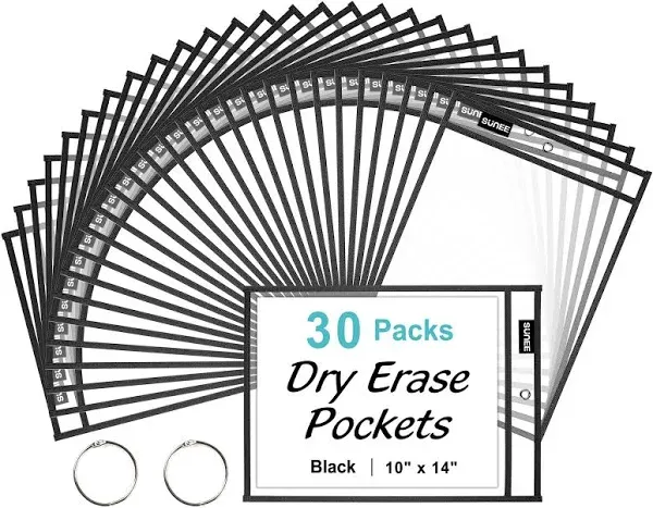 SUNEE 30 Packs Oversized Reusable Dry Erase Pocket Sleeves with 2 Rings