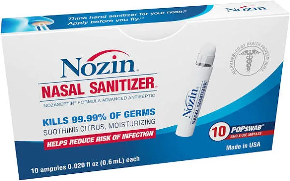 Nozin Nasal Sanitizer Antiseptic Popswab Ampules 10ct Pack | Kills 99.99% of Germs | Alcohol Based 62%