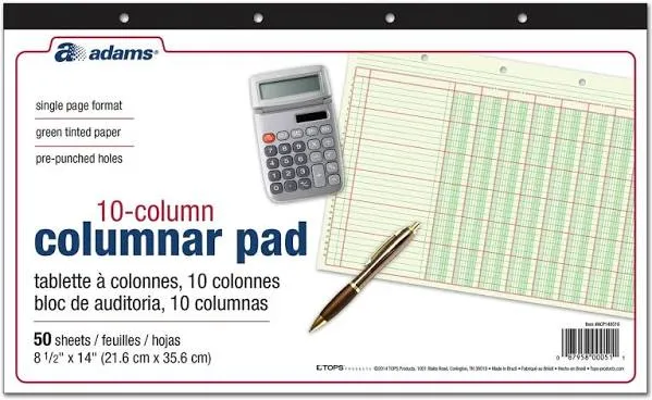 Adams Columnar Pad 14" x 8 1/2" 50 Pages 50 Sheets 10 Columns Green