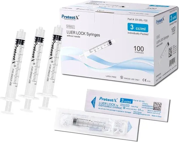 ProtectX 3ml Disposable Luer Lock Sterile Syringe (No needle), Individually Sealed, Smooth and Accurate Dispensing for Science Labs, 100-Pack