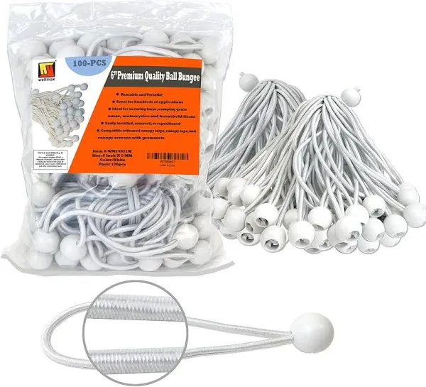 6 inch 100 Piece Heavy Duty 5mm Ball Bungee Canopy Cord by , White Color