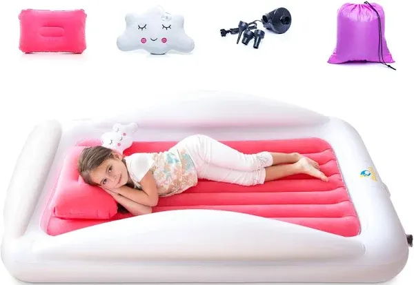 Inflatable Toddler Travel Bed Portable Kids Air Mattress Set w Safety Bed Rai...