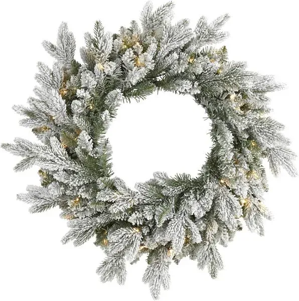 Nearly Natural 24in. Flocked Artificial Christmas Wreath with 50 LED Lights