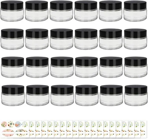 24 Pack 1oz Clear Round Glass Jars - Empty Cosmetic Containers with Inner Liners, black Lids and Glass Sample Jars with labels For Slime, Beauty Products, Cosmetic, Lotion，Powders and Ointments